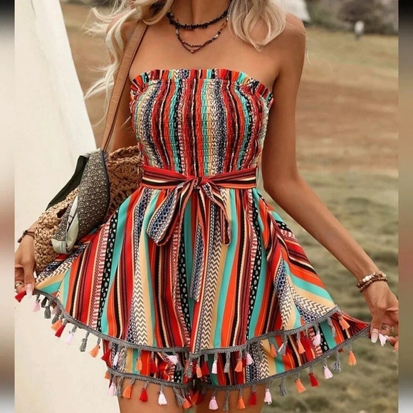 Geo Print Tassel Trim Belted Tube Romper - Picture 1 of 4